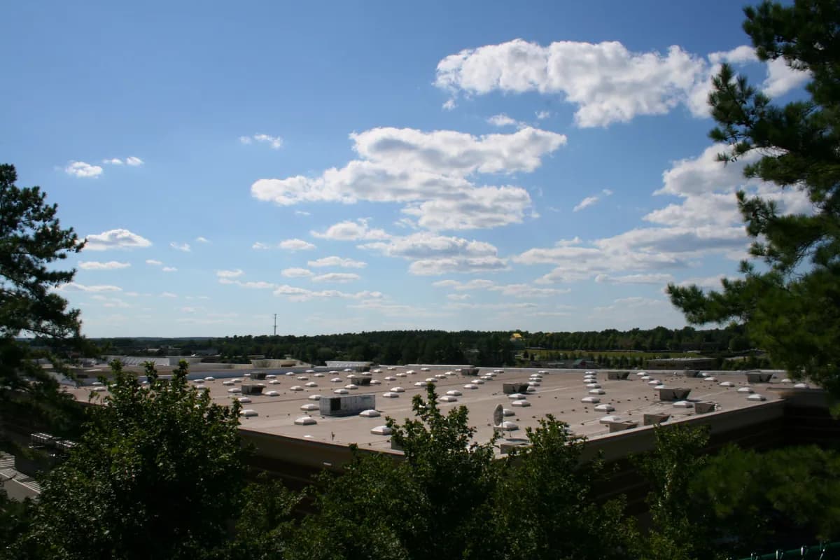 The expansive low-slope roof of a large commercial building